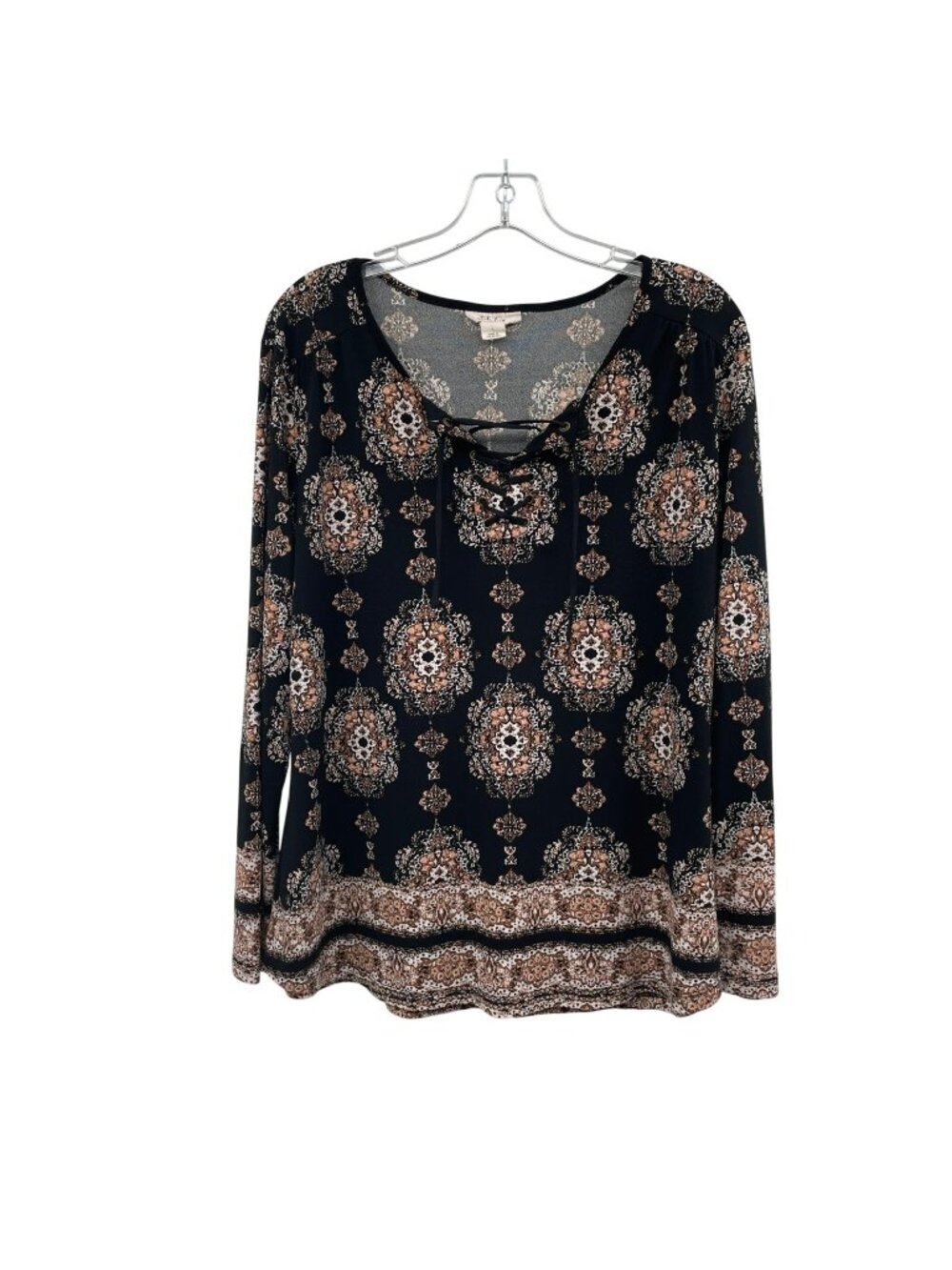 Style & Co Womens Top Long Sleeve Lace Up Neck Black/Multi Size Large
